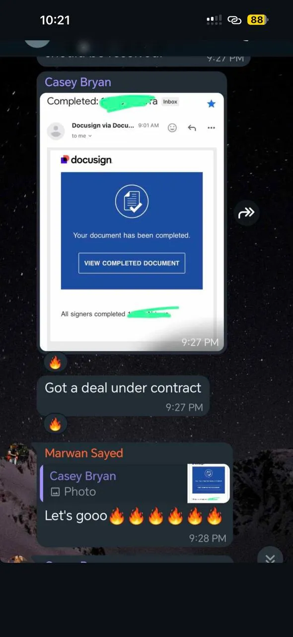 Client shares a completed DocuSign email: got a deal under contract.