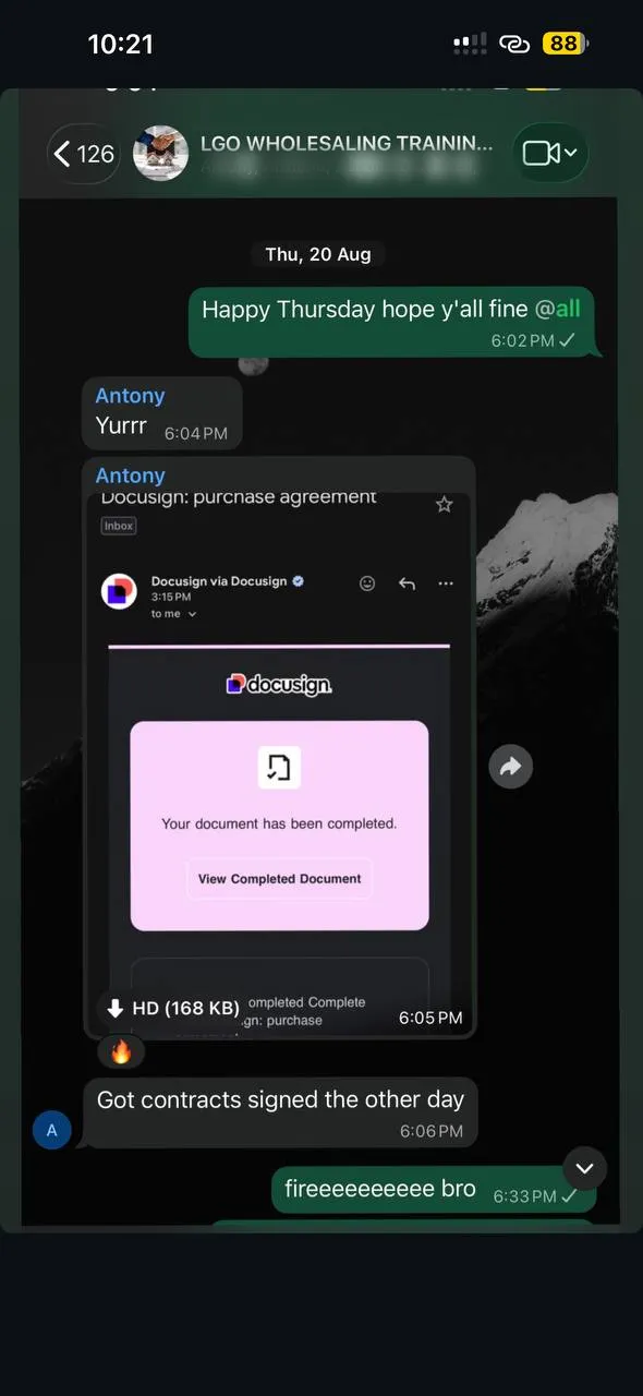 Client posts a completed DocuSign purchase agreement: got contracts signed the other day.