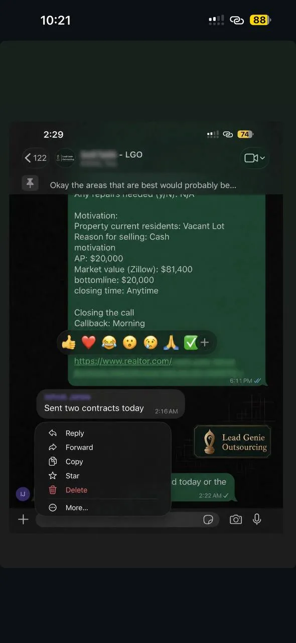 Lead notes for a vacant lot with asking price and market value; client replies: sent two contracts today.