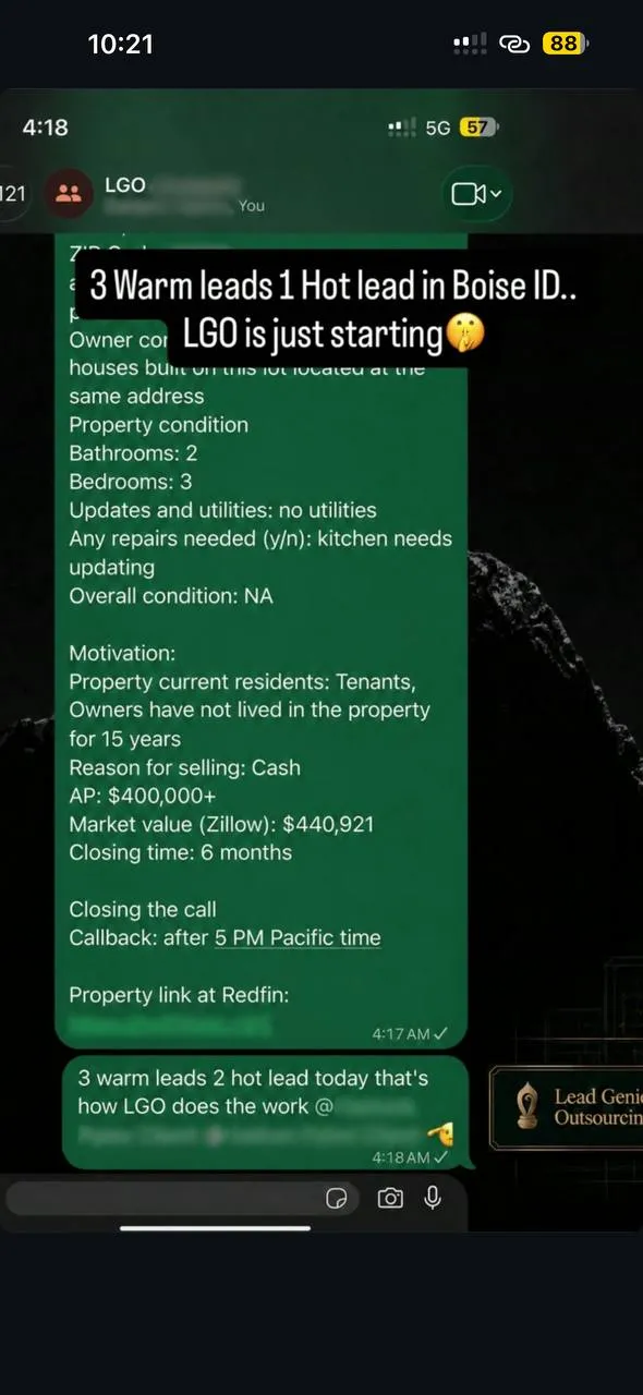 Detailed lead notes for a 3 bed 2 bath rental in Boise, Idaho. Caption: 3 warm leads, 1 hot lead.