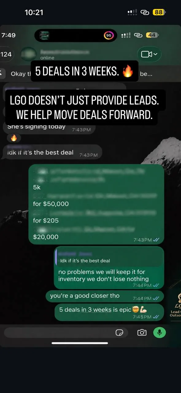 Chat listing several properties and prices. Caption: 5 deals in 3 weeks. Addresses blurred.